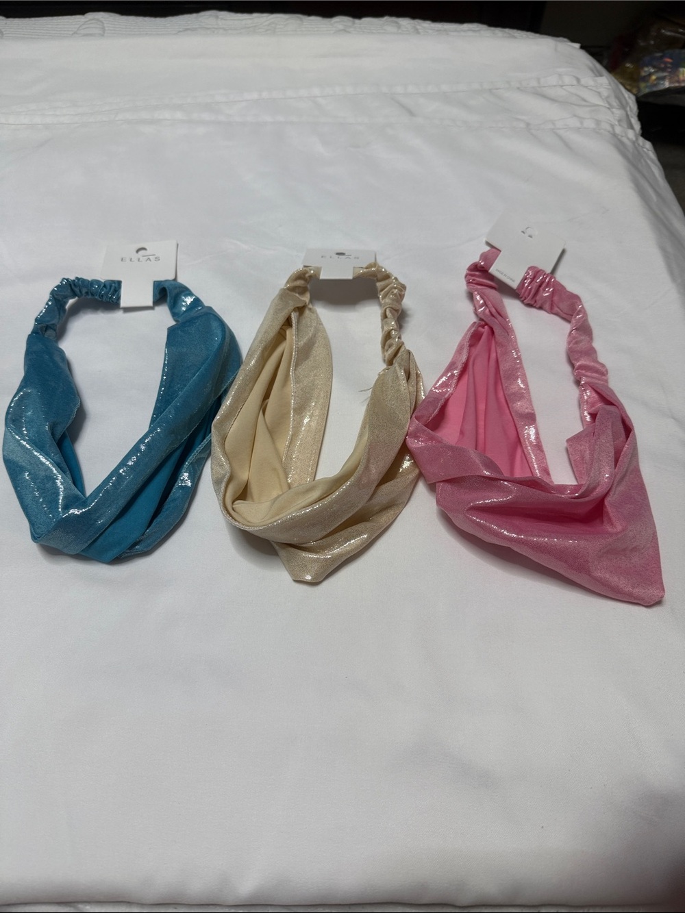 Set of 3 Shimmery Twist Headbands in Blue, Gold & Pink